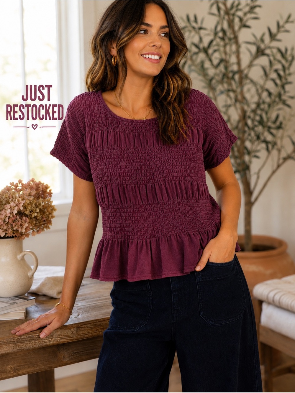 362. Women's Cabernet Mineral Washed Smocked Peplum Top